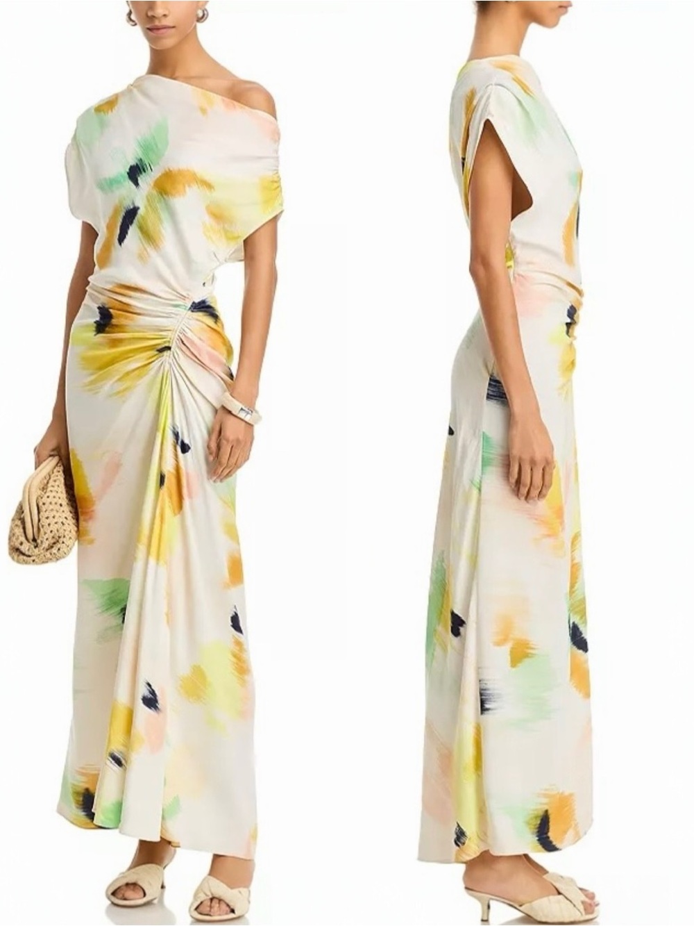 A.L.C. Penny Women’s Yellow Floral Satin Ruched Off-Shoulder Cocktail Maxi Dress - Picture 3 of 13